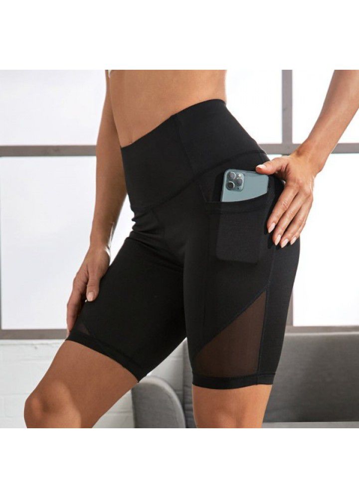 Cross border European and American panties women's sports running side pocket shorts tight high waist Yoga Pants elastic fitness quick drying