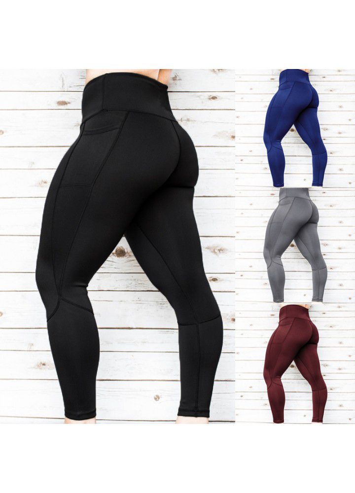 2020 Amazon New Pocket Yoga Pants women's high waist fitness pants pure color European and American tights cross border yoga clothes