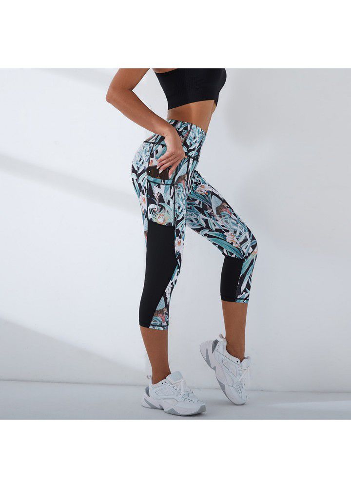 2021 new printed Yoga Pants cross border training high stretch fitness foreign trade pocket Capris women's sports pants