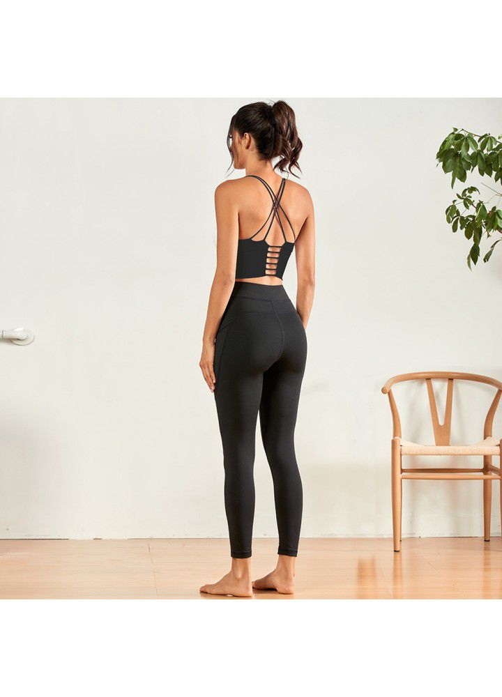 European and American Yoga Pants popular high waist Leggings outdoor running fitness pants solid color mobile phone pocket tights