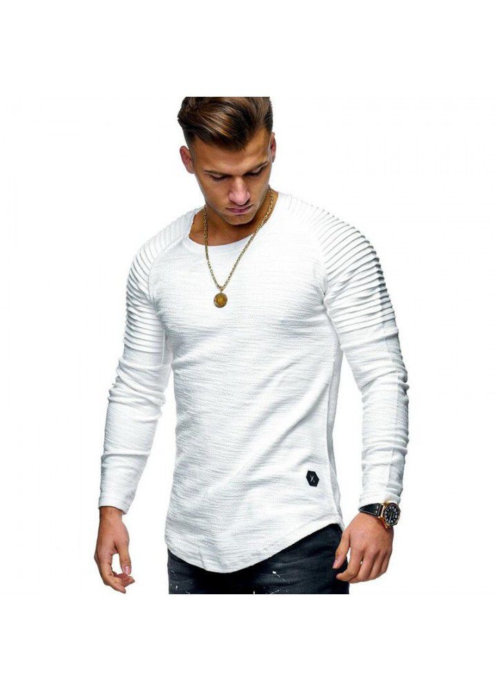 New men's cotton base shirt for spring and summer of 2019 casual slim pleated raglan sleeve men's long sleeve T-shirt