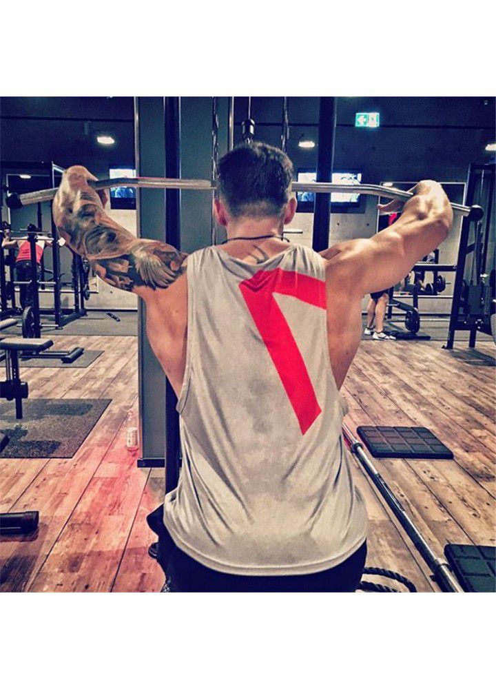 Cross border foreign trade new men's fitness back sweat absorbing breathable quick drying vest sleeveless T-shirt r printed fitness clothes