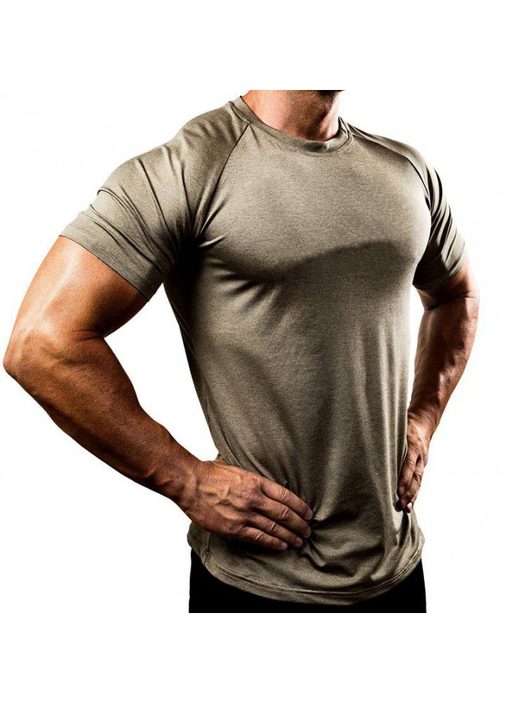 Amazon cross border solid color European and American fitness clothes men's fast drying and breathable training high elastic tights short sleeve sports T-shirt