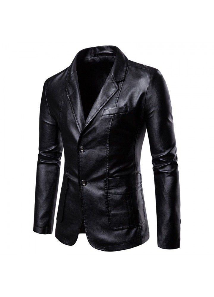Foreign trade Amazon new men's slim Lapel versatile Pu Blazer men's Lapel leather suit men's coat
