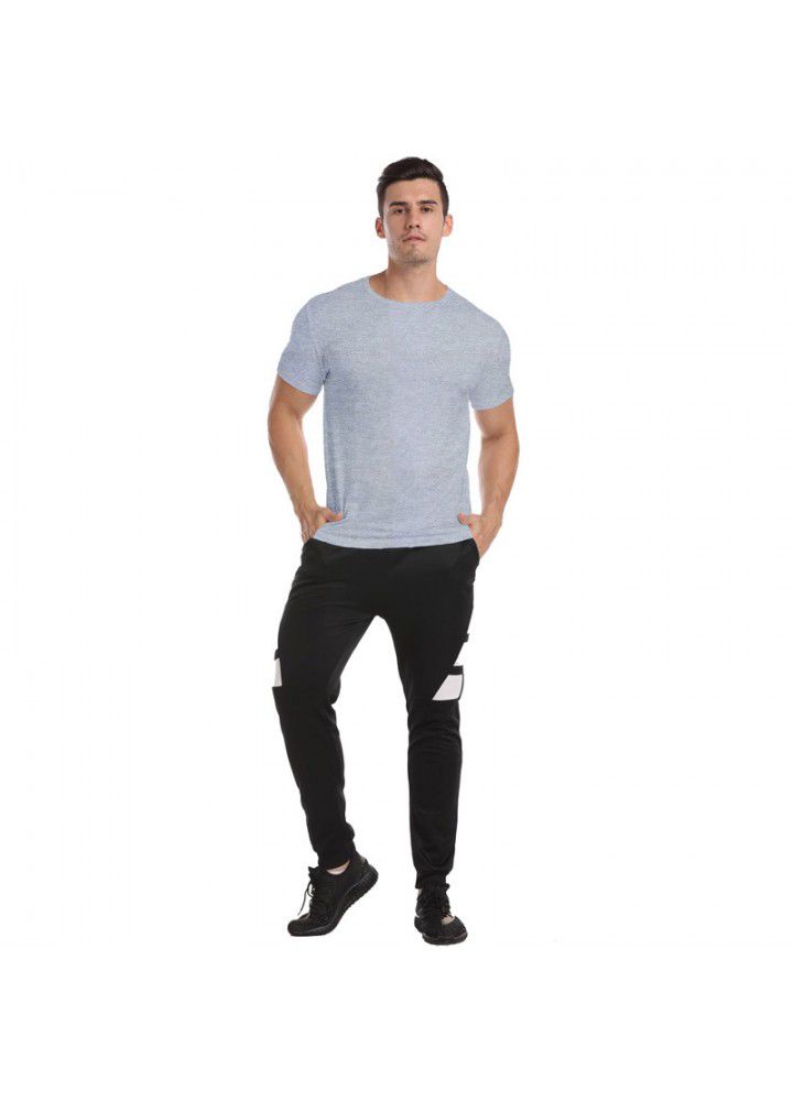 Summer new men's casual European and American men's T-shirt set solid round neck men's T-shirt + color matching sports pants