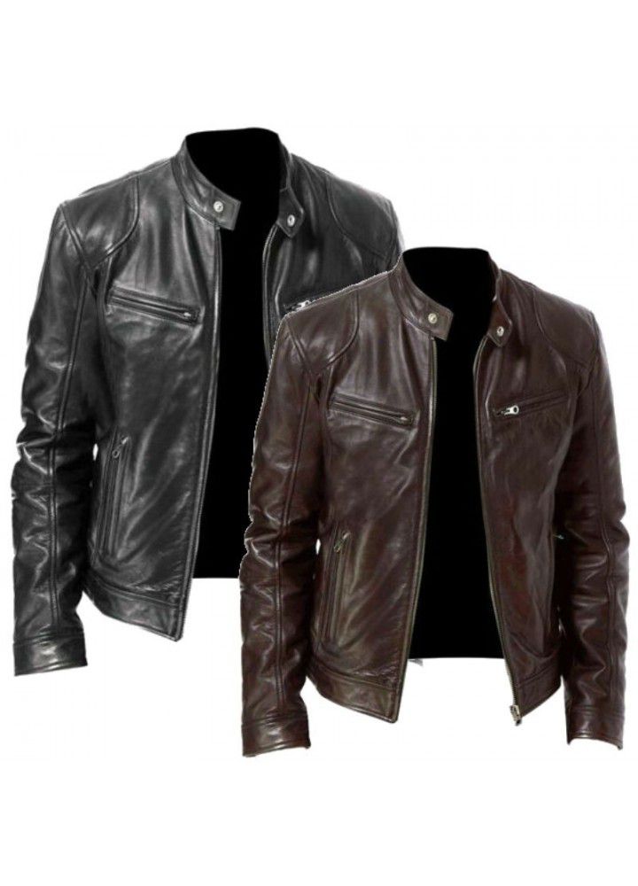 Foreign trade winter business gentleman zipper cardigan pocket decoration PU leather collar slim leather jacket