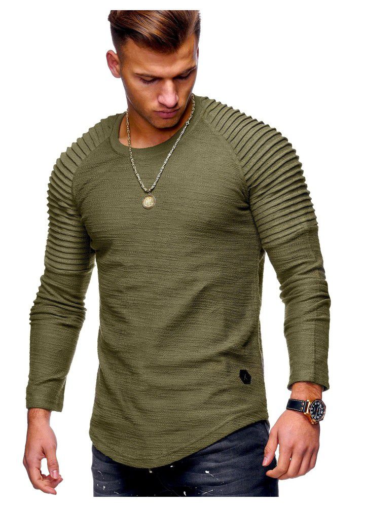 Factory direct supply 2018 Europe and the United States new men's stripe pleated slim solid color long sleeve T-shirt 3003