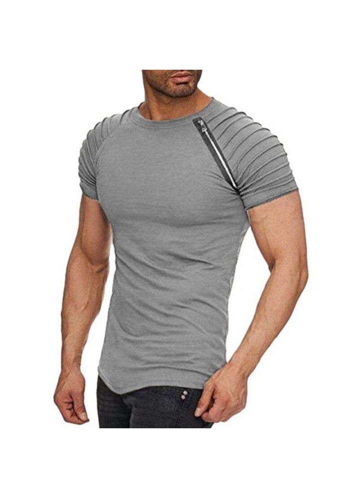 2018 new summer men's shoulder pleated splicing zipper short sleeve round neck T-shirt