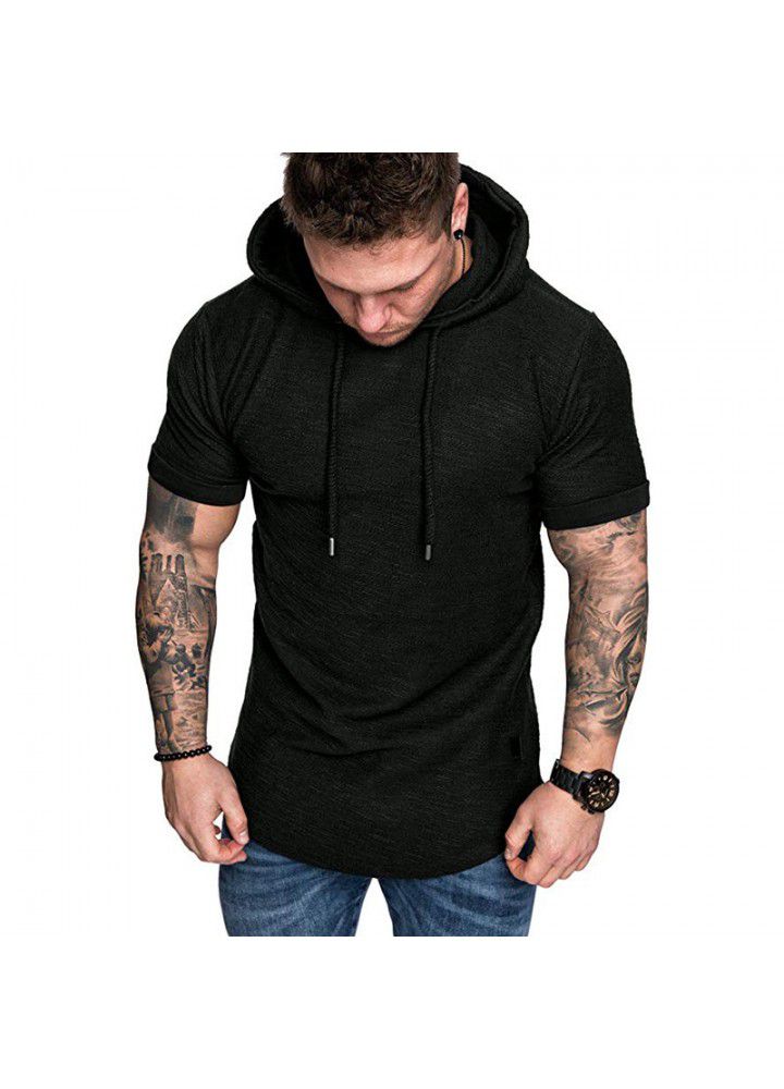 Amazon foreign trade new men's slub cotton T-shirt Hoodie leisure sports short sleeve t-shirt men's short sleeve