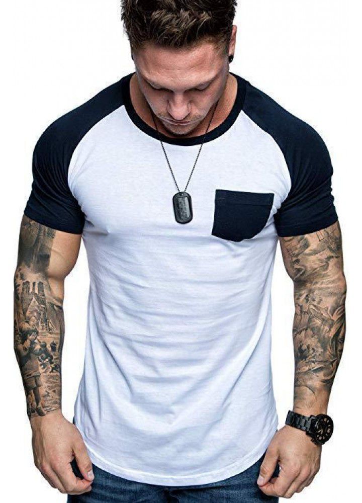Amazon cross border new European and American men's raglan sleeve patch bag color matching fashion sports short sleeve manufacturer direct sales