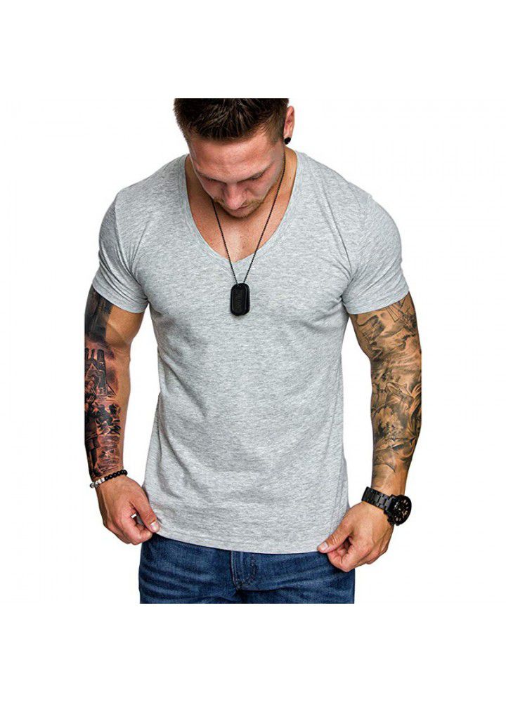 2021 summer foreign trade wholesale men's T-shirt Europe and America solid color V-neck Pullover men's leisure sports T-shirt short sleeve T-shirt