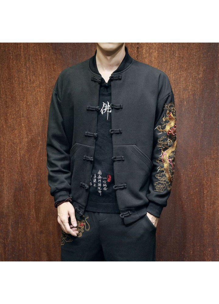 Foreign trade autumn and winter men's Chinese style jacket youth large size Baseball Jacket coil button dragon embroidery plate jacket