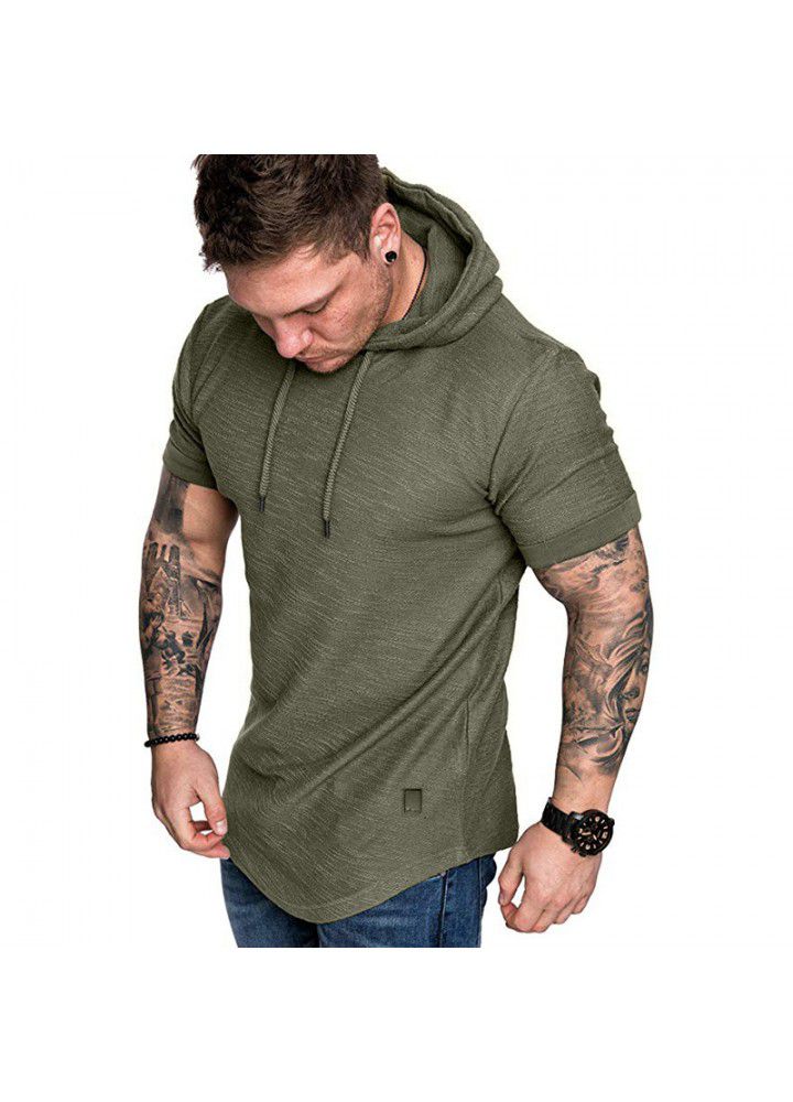 Amazon foreign trade new men's slub cotton T-shirt Hoodie leisure sports short sleeve t-shirt men's short sleeve