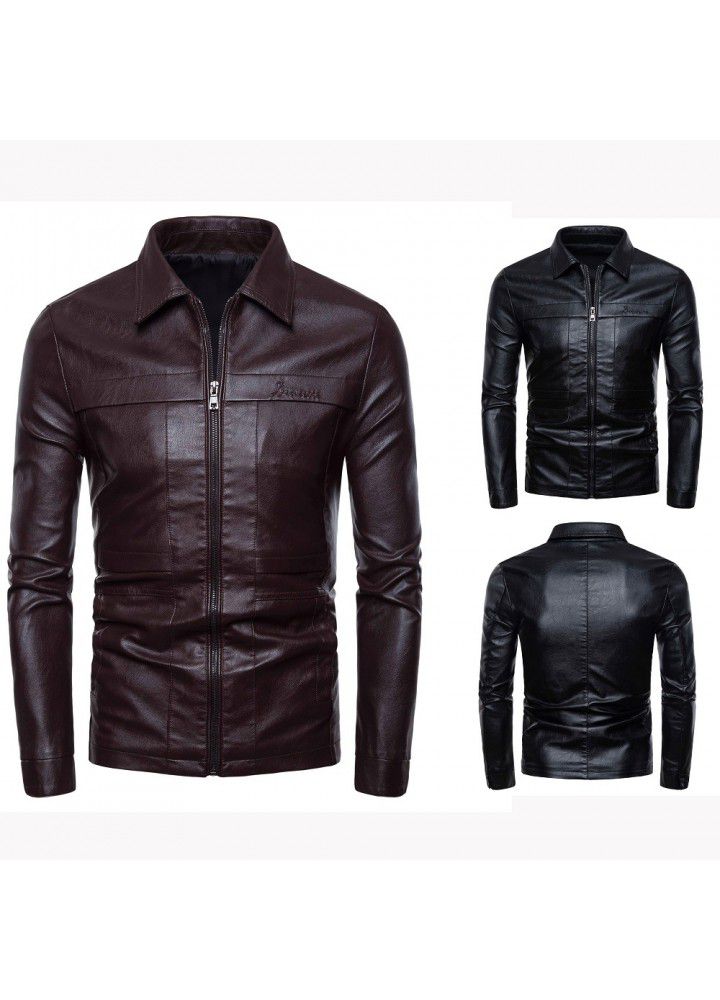 Cross border foreign trade autumn and winter 2019 new men's high quality Korean fashion slim fit locomotive Lapel leather coat