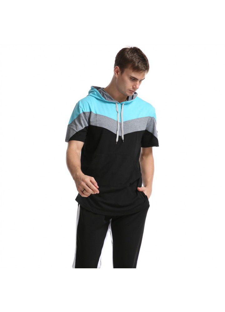 Cross border hot spring men's wear Europe and America color matching men's T-shirt three color stitching hooded short sleeve base shirt in 2020