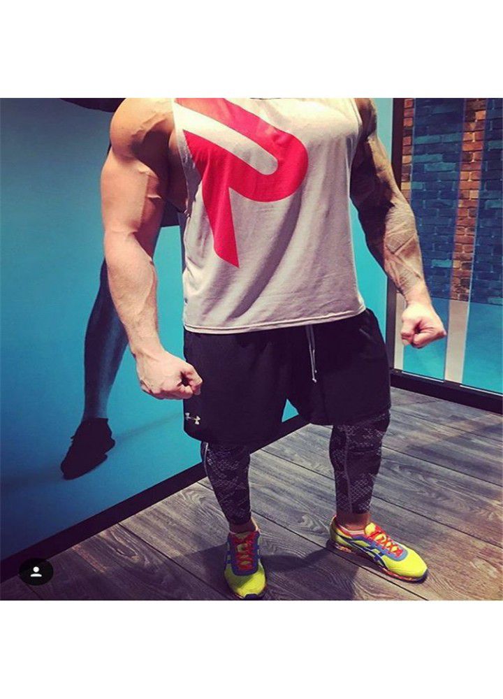Cross border foreign trade new men's fitness back sweat absorbing breathable quick drying vest sleeveless T-shirt r printed fitness clothes