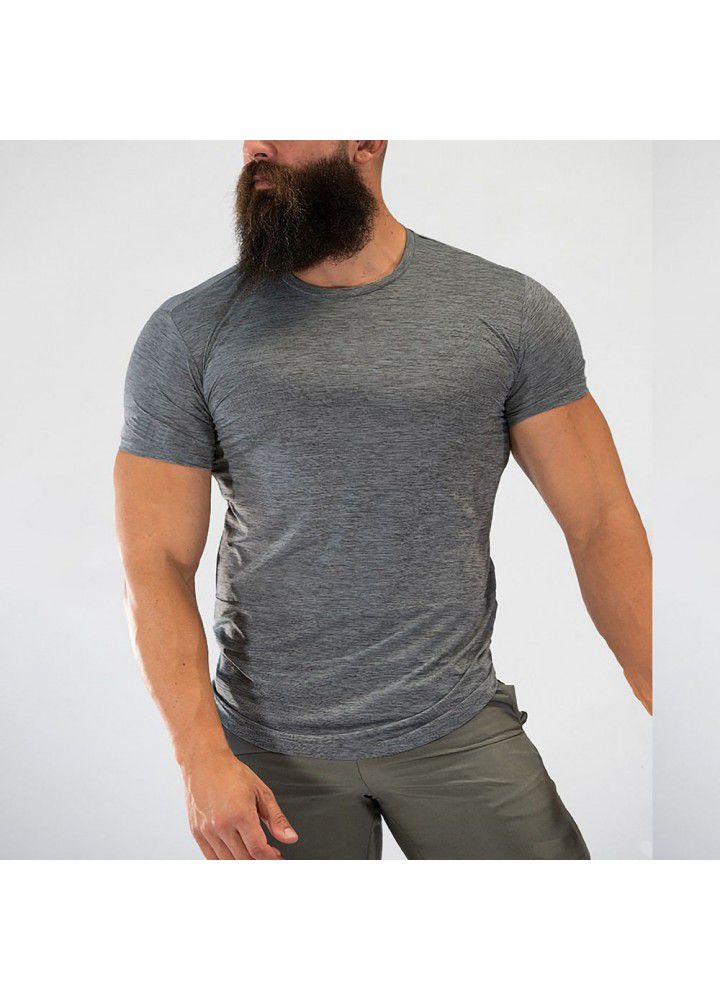 Cross border men's summer high elastic fitness running exercise round neck men's T-shirt leisure fashion brand sports short sleeve