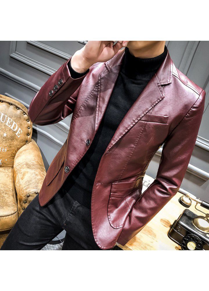 2019 spring new suit collar PU leather suit men's slim Lapel casual suit coat leather jacket men