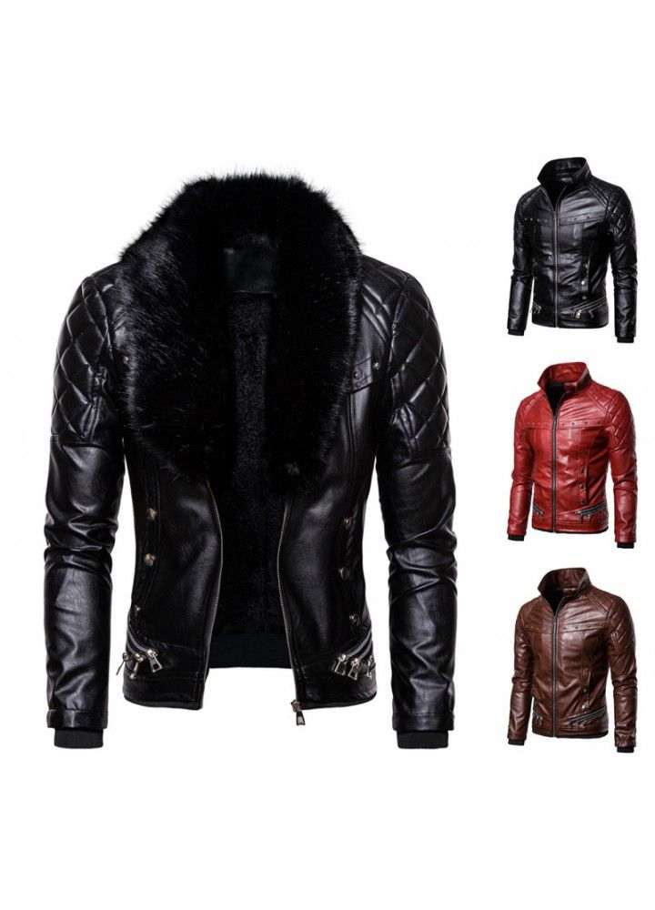 Foreign trade red men's punk detachable wool collar Rivet Press cotton thick windproof locomotive leather jacket jacket men's coat