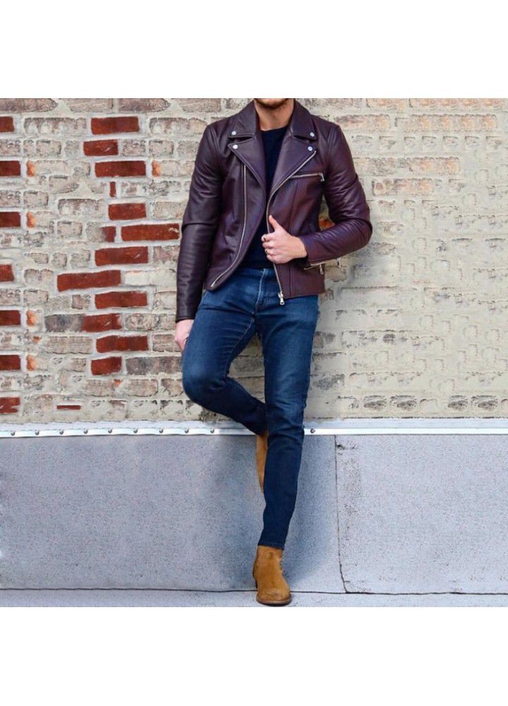 Wish foreign trade men's leather jacket European and American leather jacket lapel PU leather short casual men's fashion Motorcycle Jacket