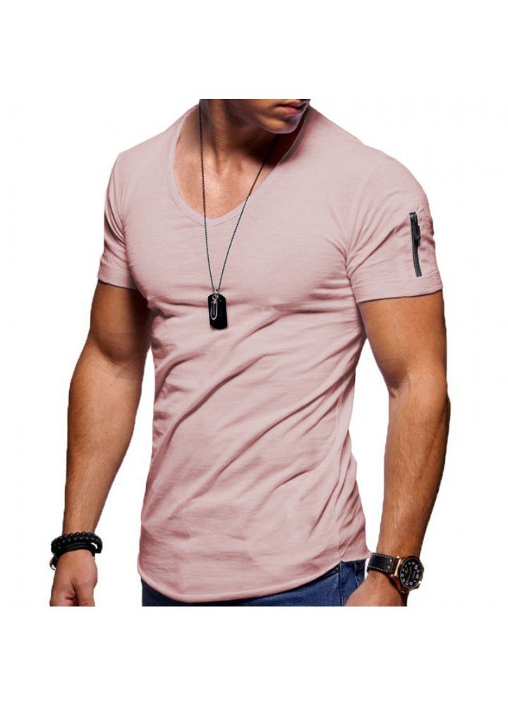 Sumitong new European and American fashion V-neck t-shirt men's arm zipper cotton short sleeve men's casual bottom coat