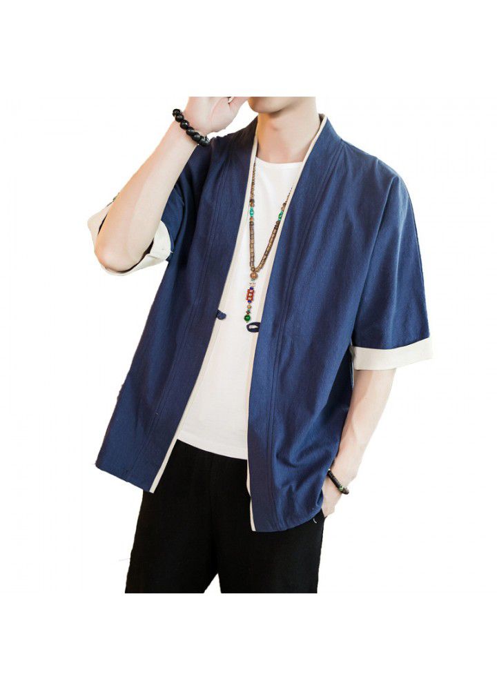 Foreign trade Amazon Chinese style coat 5-sleeve men's Tang suit retro button cardigan kimono ancient Zen suit