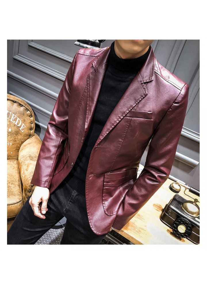 2019 spring new suit collar PU leather suit men's slim Lapel casual suit coat leather jacket men