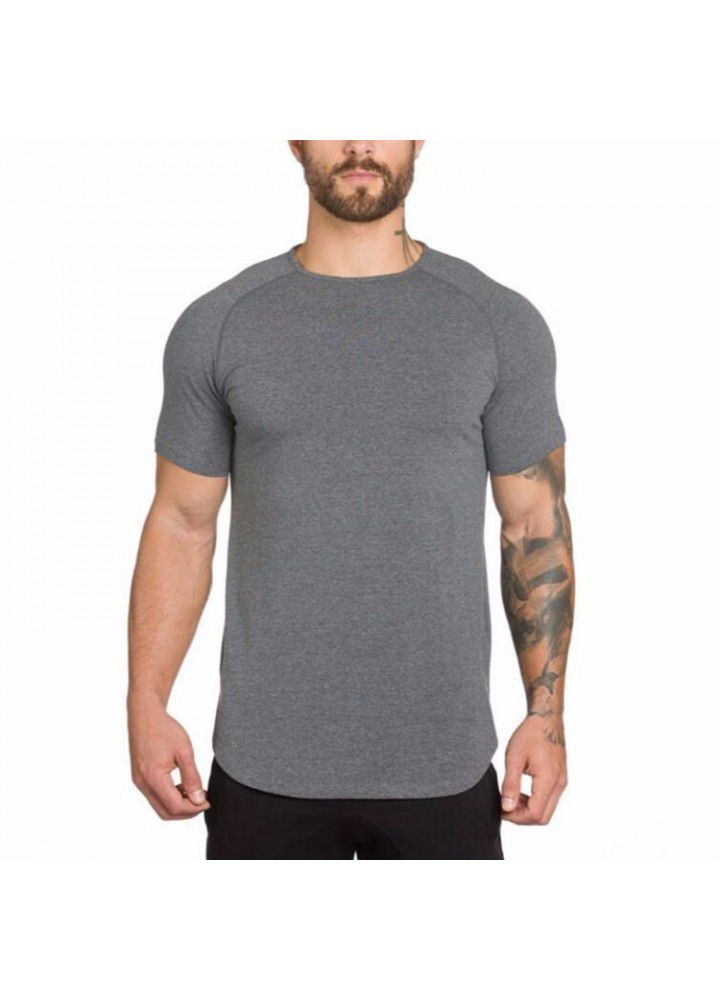 Foreign trade solid color blank fitness men's long breathable sports T-shirt fashionable men's slim summer fitness short sleeve men's