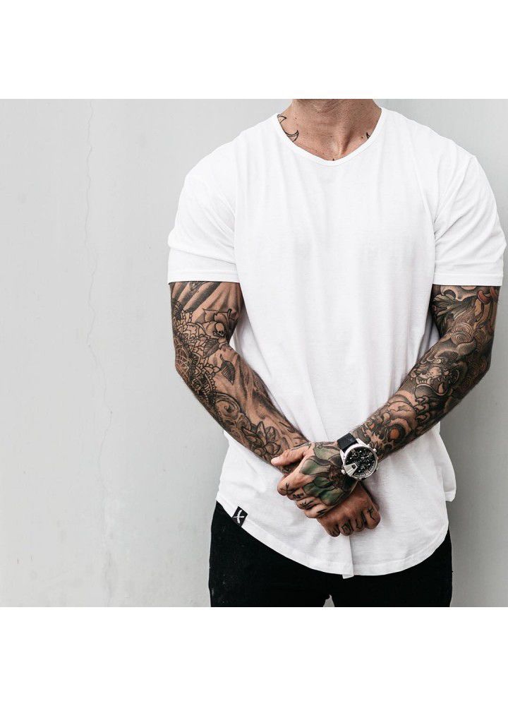 Foreign trade cotton large size muscle short sleeve men's smooth plate round neck sports European and American T-shirt arc hem fitness clothes