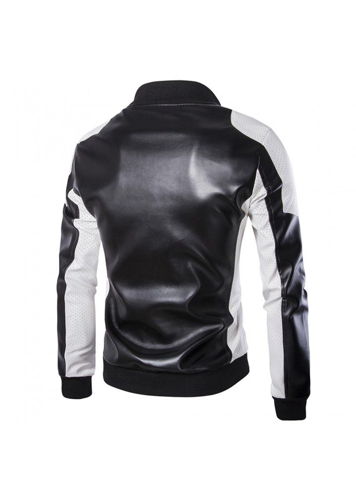Foreign trade wholesale fall 2018 men's stand collar leather trend black and white color matching oversize leather coat men's wear