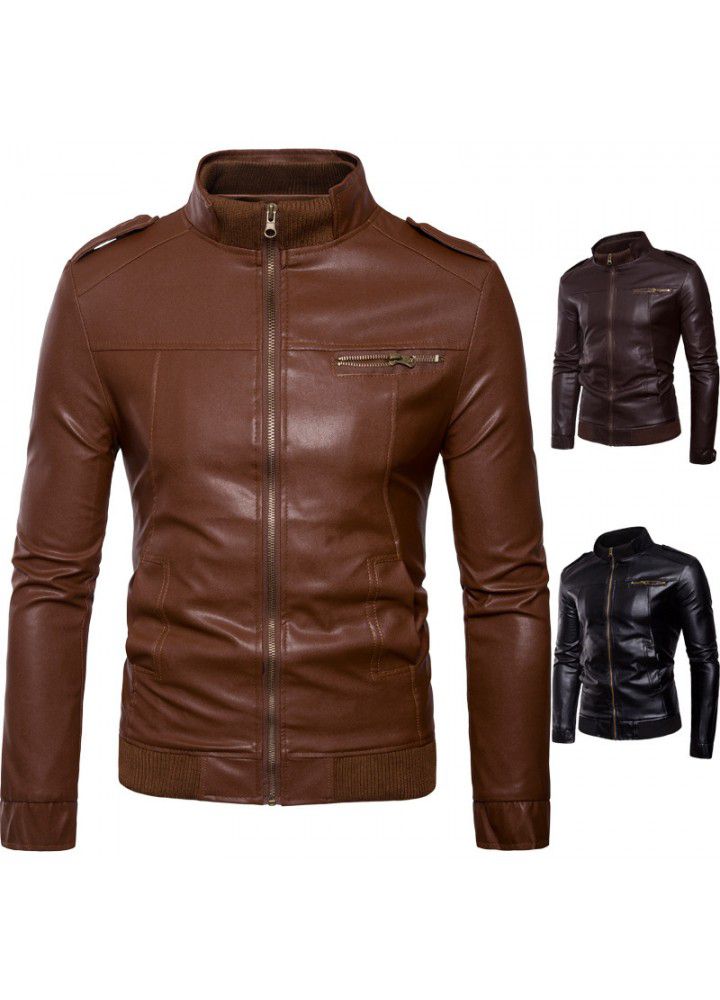 Cross border e-commerce supply men's foreign trade horizontal zipper leather clothing trend collar fashion slim fit men's jacket
