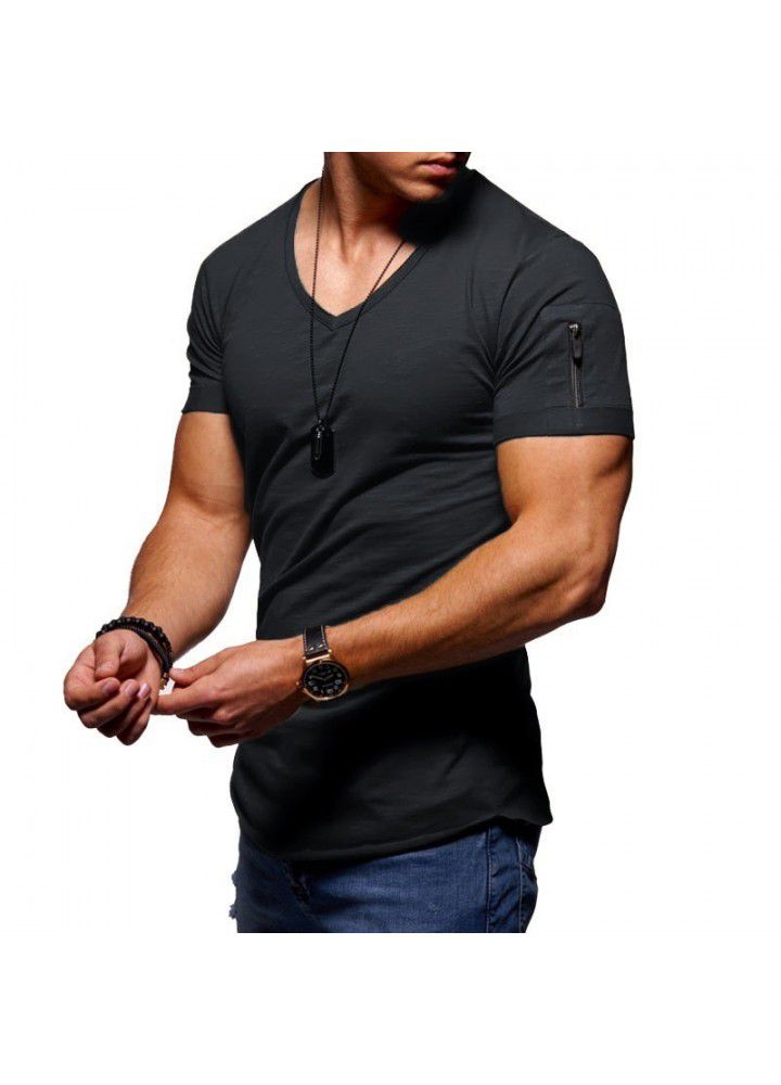 Sumitong new European and American fashion V-neck t-shirt men's arm zipper cotton short sleeve men's casual bottom coat