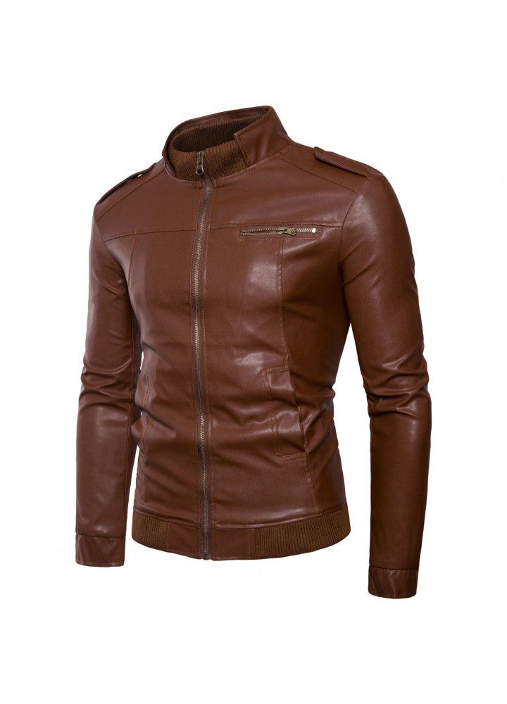 Cross border e-commerce supply men's foreign trade horizontal zipper leather clothing trend collar fashion slim fit men's jacket