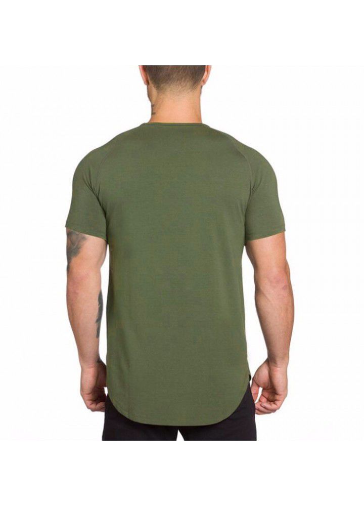 Foreign trade solid color blank fitness men's long breathable sports T-shirt fashionable men's slim summer fitness short sleeve men's