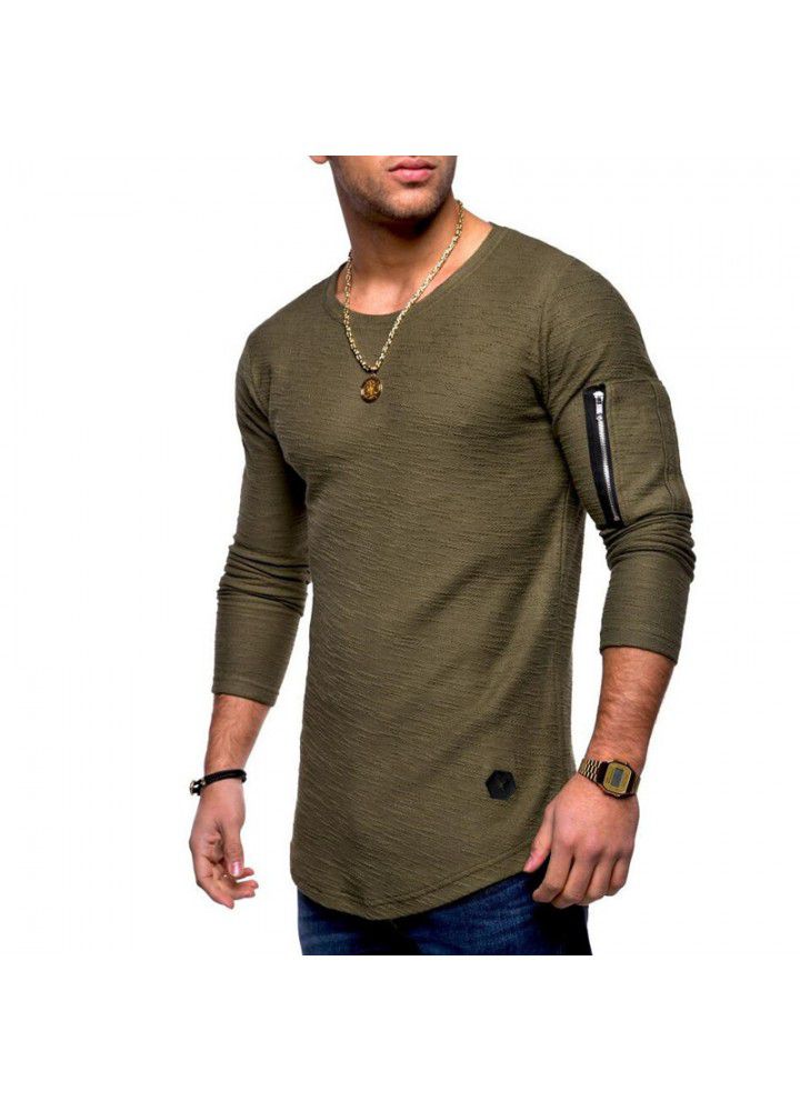Men's new solid color round neck long sleeve T-shirt with arm zipper stitching in spring and autumn of 2019