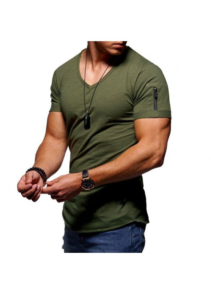 Sumitong new European and American fashion V-neck t-shirt men's arm zipper cotton short sleeve men's casual bottom coat