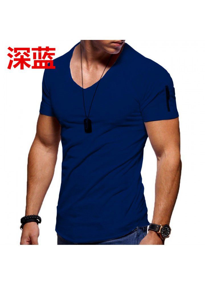 2019 Amazon new large men's short sleeve European and American V-neck t-shirt men's solid color slim bottomed shirt