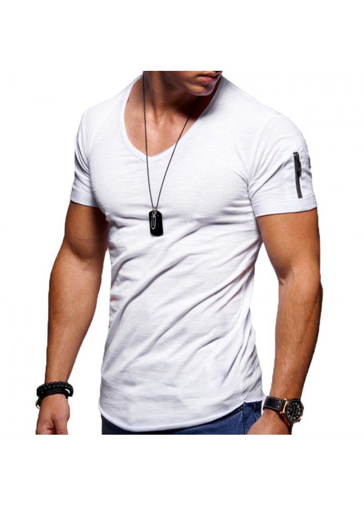 Sumitong new European and American fashion V-neck t-shirt men's arm zipper cotton short sleeve men's casual bottom coat