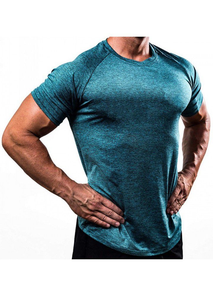 Amazon cross border solid color European and American fitness clothes men's fast drying and breathable training high elastic tights short sleeve sports T-shirt