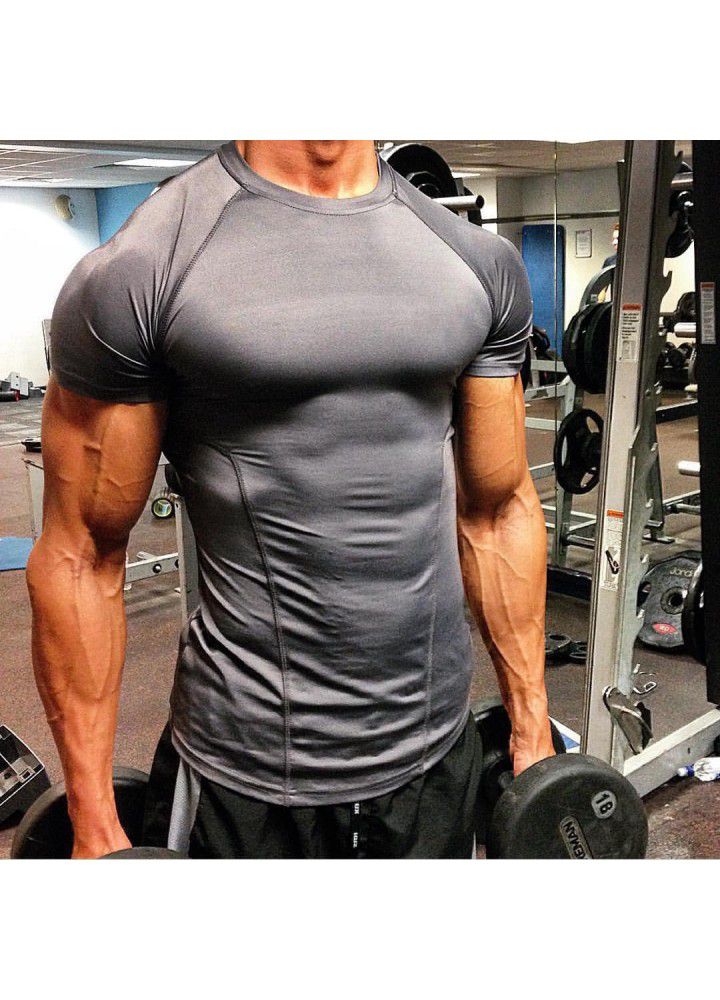 Cross border European and American men's running fitness quick drying T-shirt sports elastic short sleeve round neck men's tights