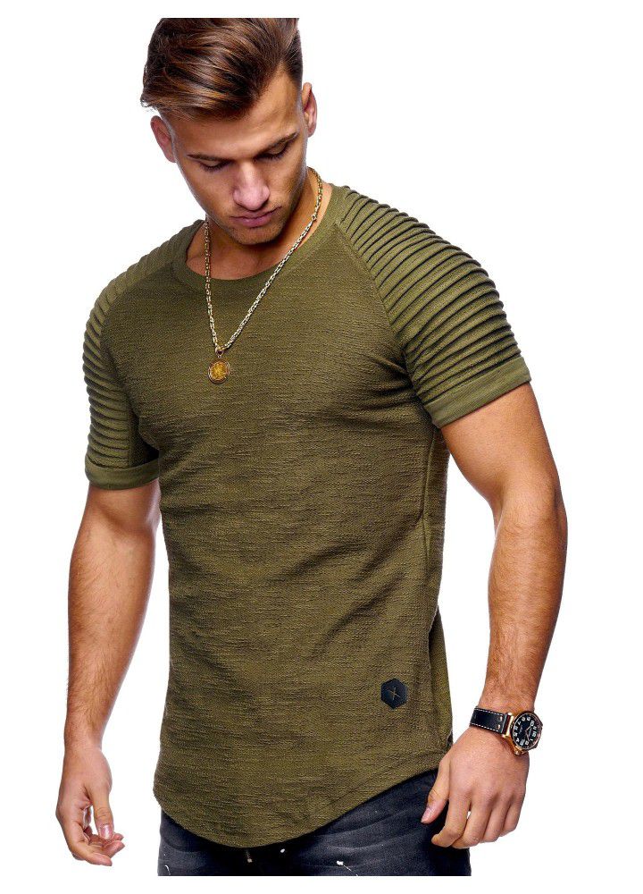 2018 cross border new men's T-shirt slim solid color stripe pleated short sleeve fitness T-shirt