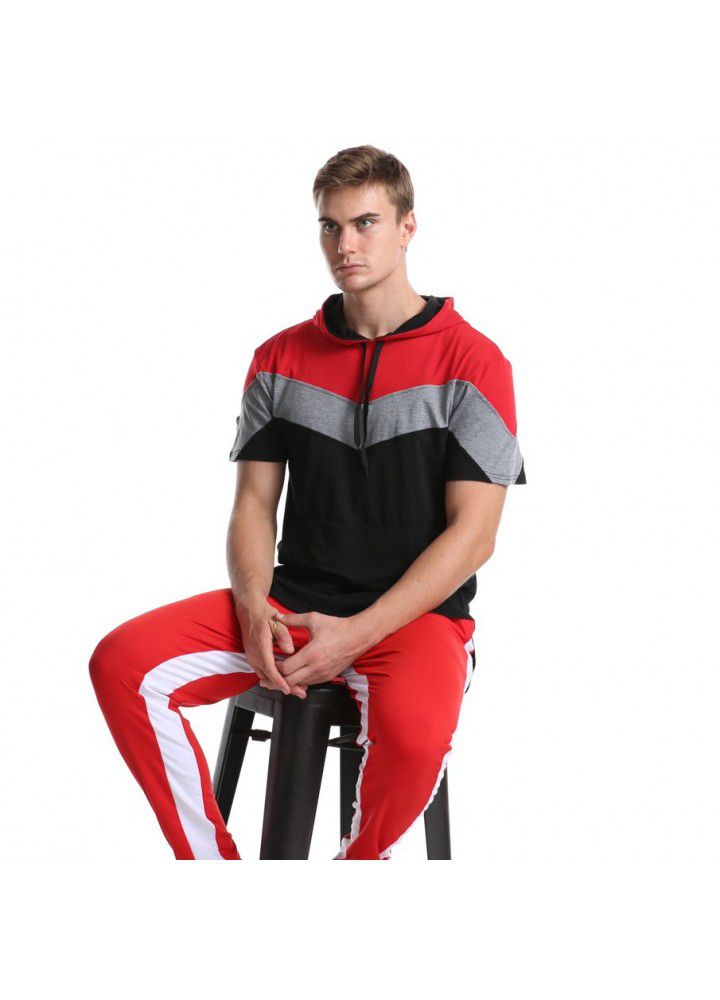 Cross border hot spring men's wear Europe and America color matching men's T-shirt three color stitching hooded short sleeve base shirt in 2020