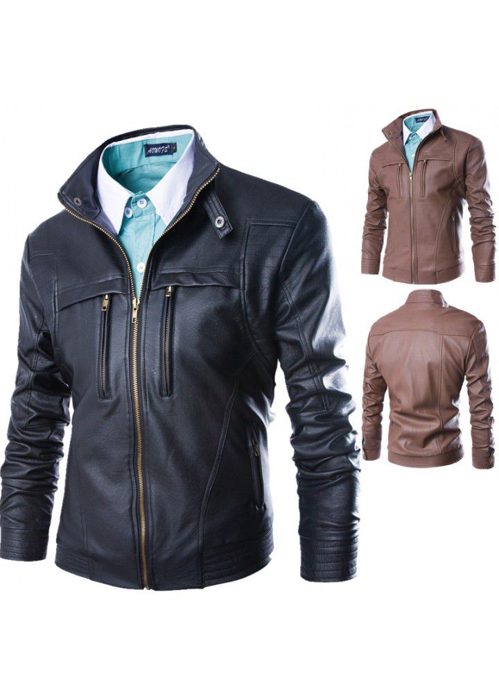 Autumn and winter 2019 new men's foreign trade m-4xl large men's stand collar leather jacket men's stand collar leather jacket