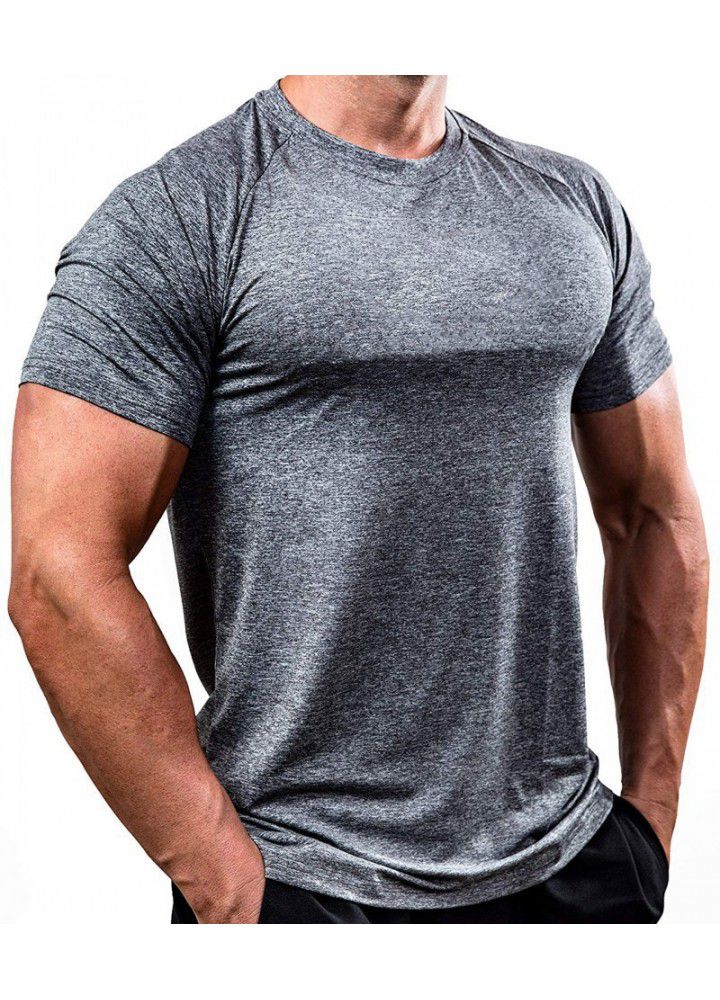 Amazon cross border solid color European and American fitness clothes men's fast drying and breathable training high elastic tights short sleeve sports T-shirt