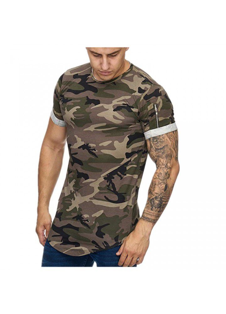 Cross border European and American trend men's round neck t-shirt design sleeve zipper camouflage 3D digital gradient casual T-shirt