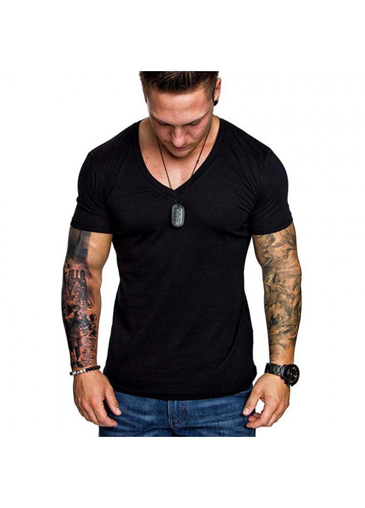 2021 summer foreign trade wholesale men's T-shirt Europe and America solid color V-neck Pullover men's leisure sports T-shirt short sleeve T-shirt