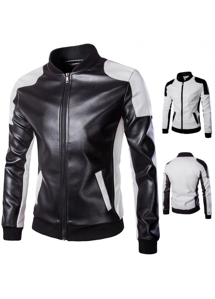 Foreign trade wholesale fall 2018 men's stand collar leather trend black and white color matching oversize leather coat men's wear