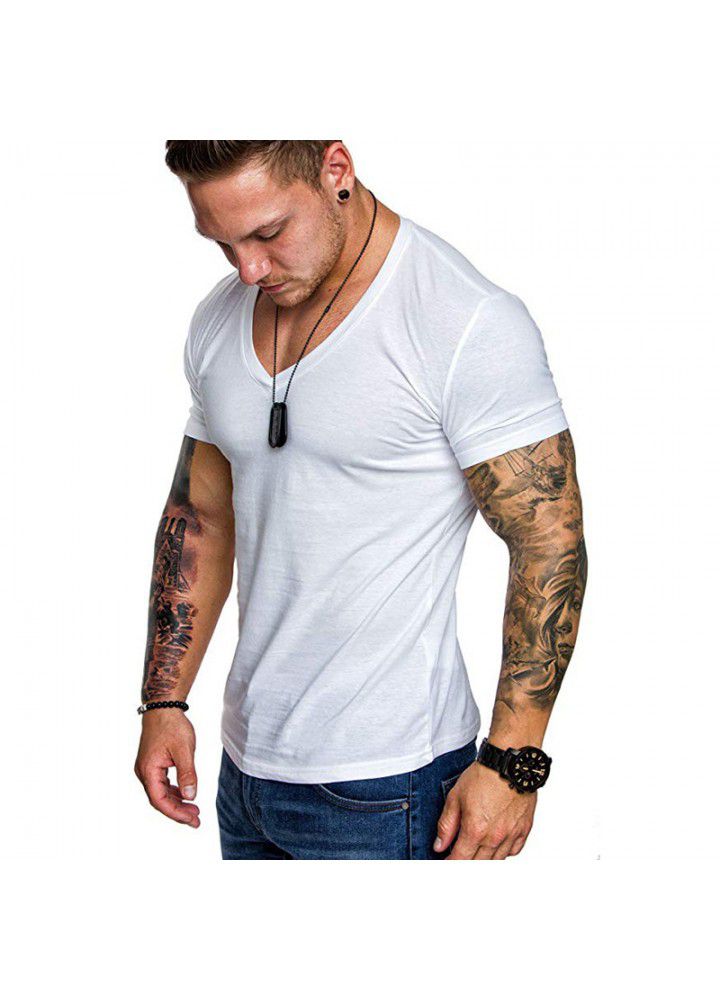 2021 summer foreign trade wholesale men's T-shirt Europe and America solid color V-neck Pullover men's leisure sports T-shirt short sleeve T-shirt