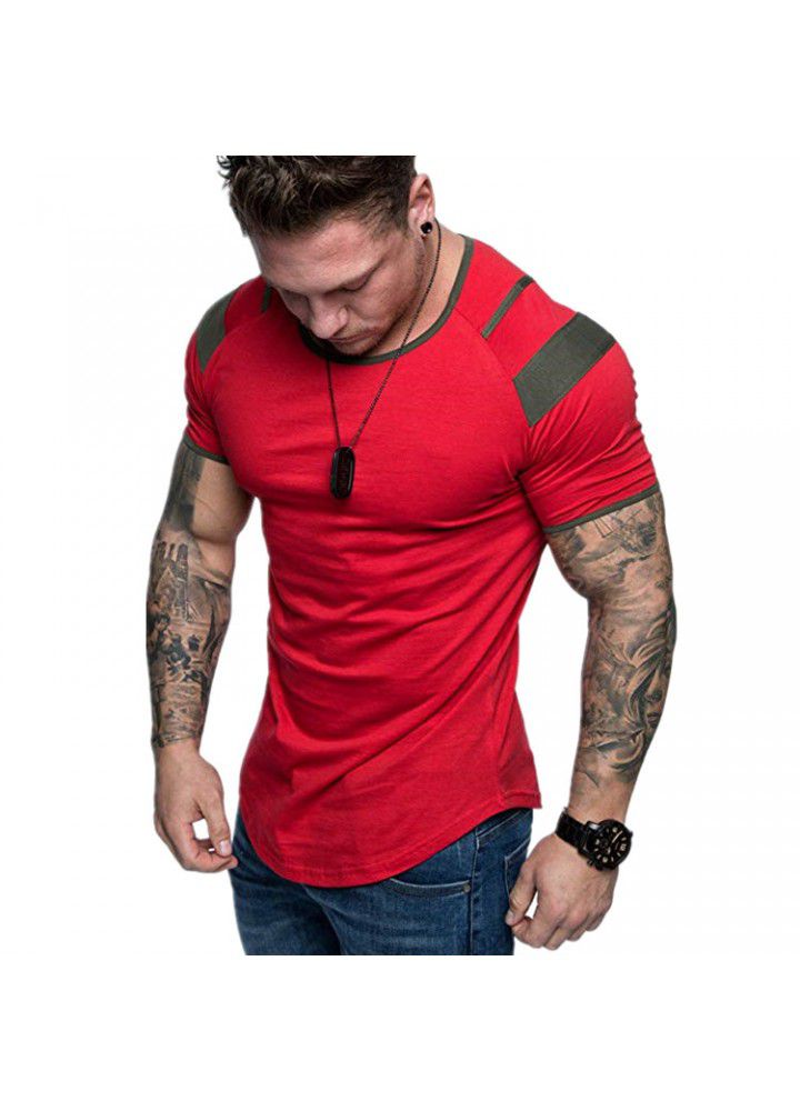 New summer men's short sleeve round neck shoulder color matching casual men's pure cotton T-shirt