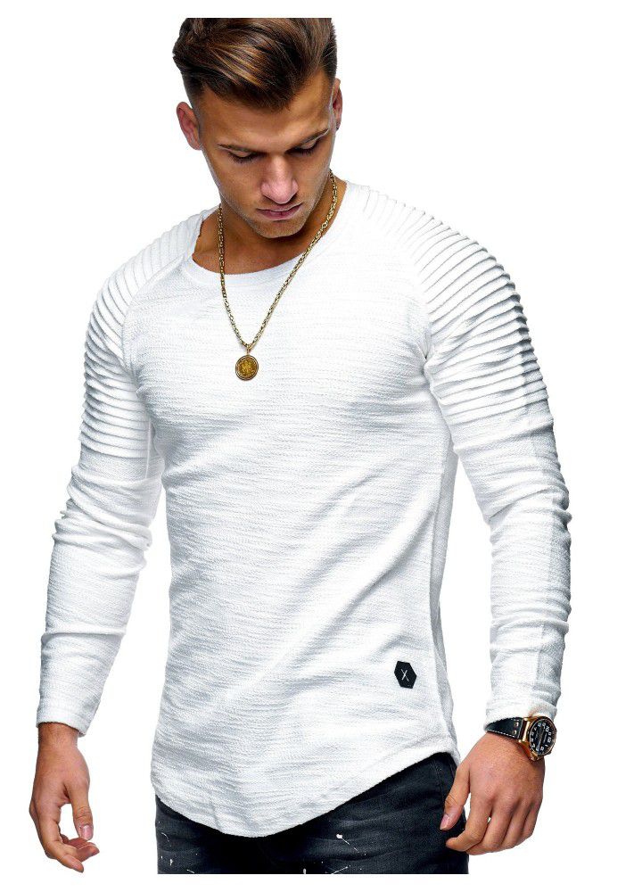 2018 men's round neck slim solid color long sleeve T-shirt stripe pleated raglan sleeve European and American men's wear